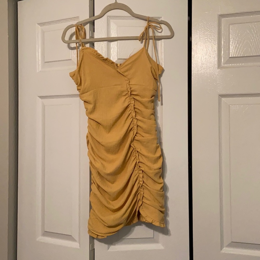 Gold Ruched Spaghetti Strap Akaiv Dress